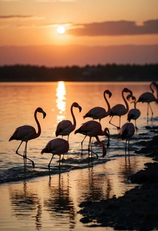 40 Different Types of Birds in the World 32 Flamingoes by the lake during sunset