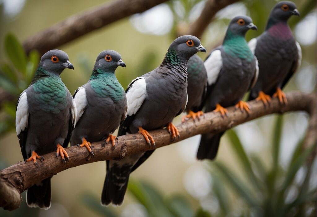 Small flock of pale gray pigeons on rocky ground