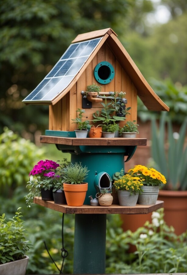45 Sustainable Garden Ideas for an Eco-Friendly Outdoor Space 41 Solar-roofed wooden birdhouse and planter display