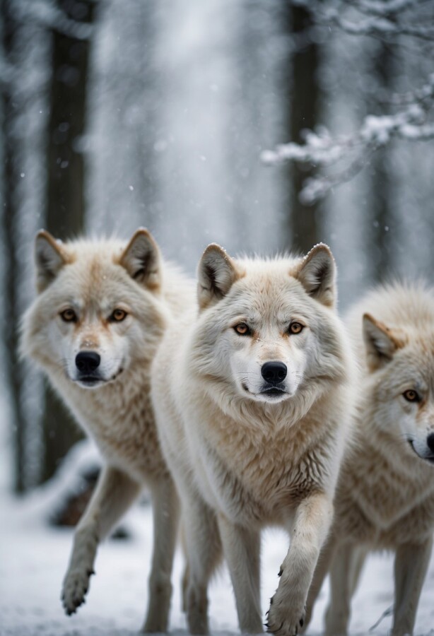 White furred Holarctic Wolves in the snow