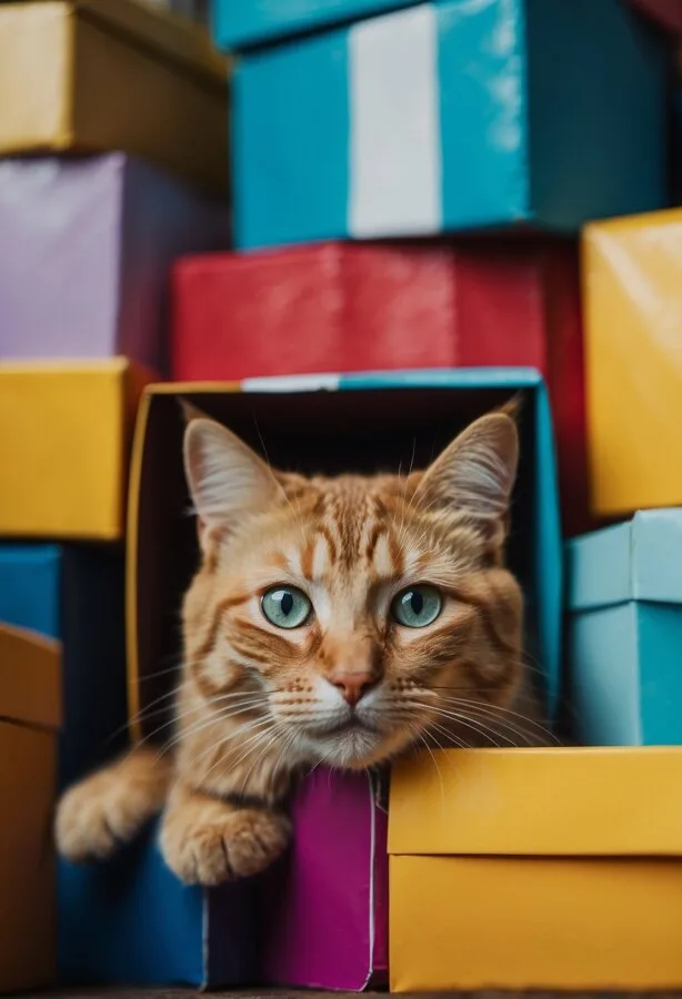 45+ Pictures of Animals Doing Funny Things 41 Cute orange kitten hiding among boxes