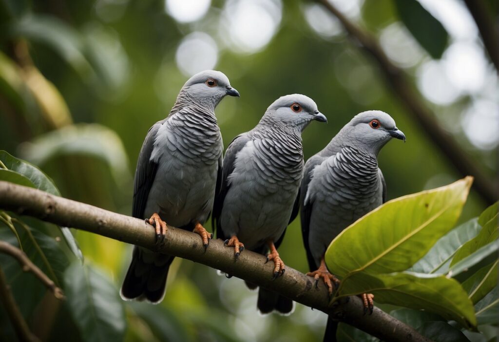 Three gray laurel pigeons on a tree