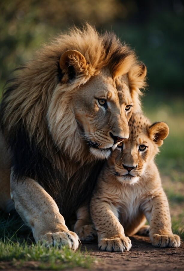 Lion and cub cozying up 