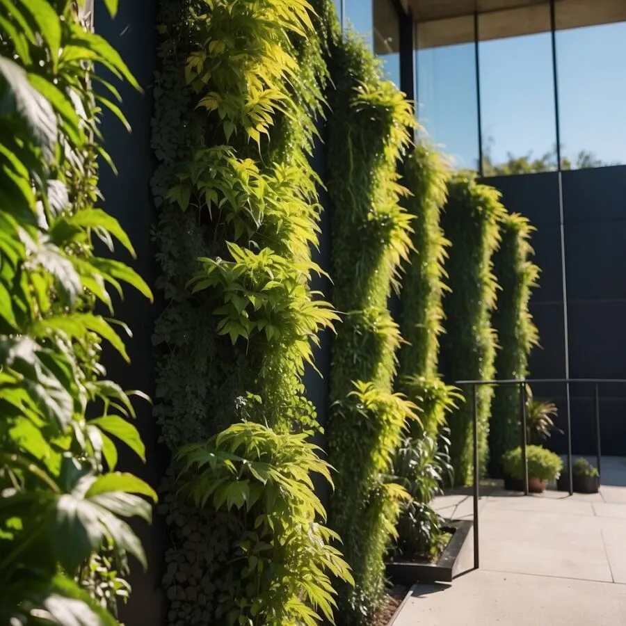 Vertical Gardening: Maximizing Beauty and Bounty in Small Spaces 1 Lush green plants climb up a tall wall, nestled in a series of tiered planters
