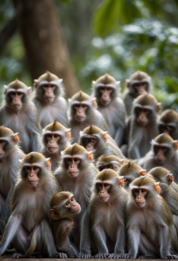Pack of white-furred monkeys