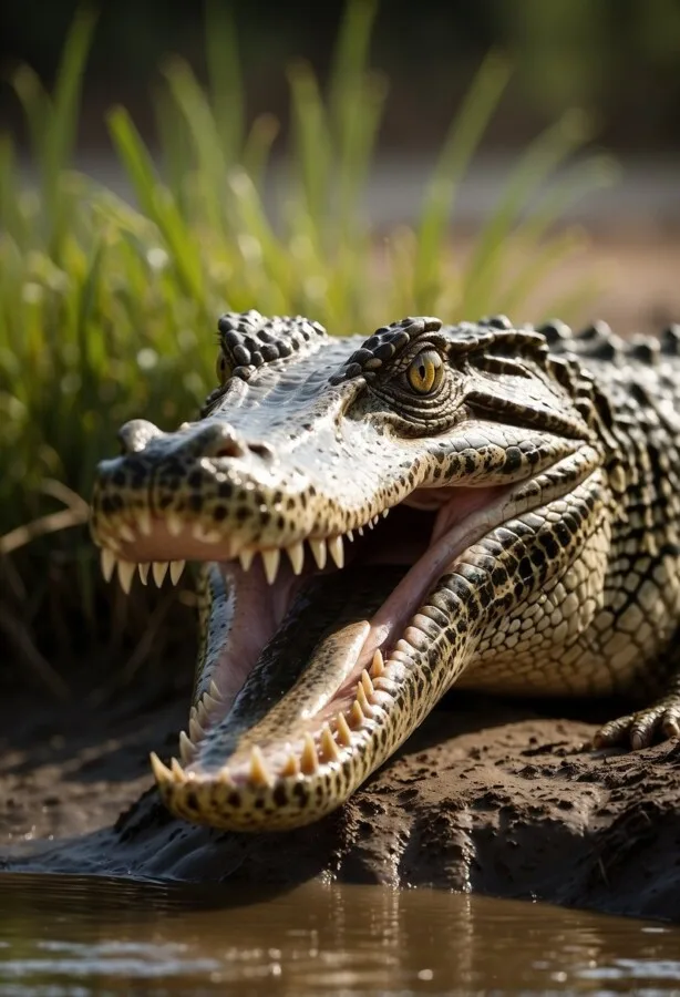 Nile crocodile with mouth wide open