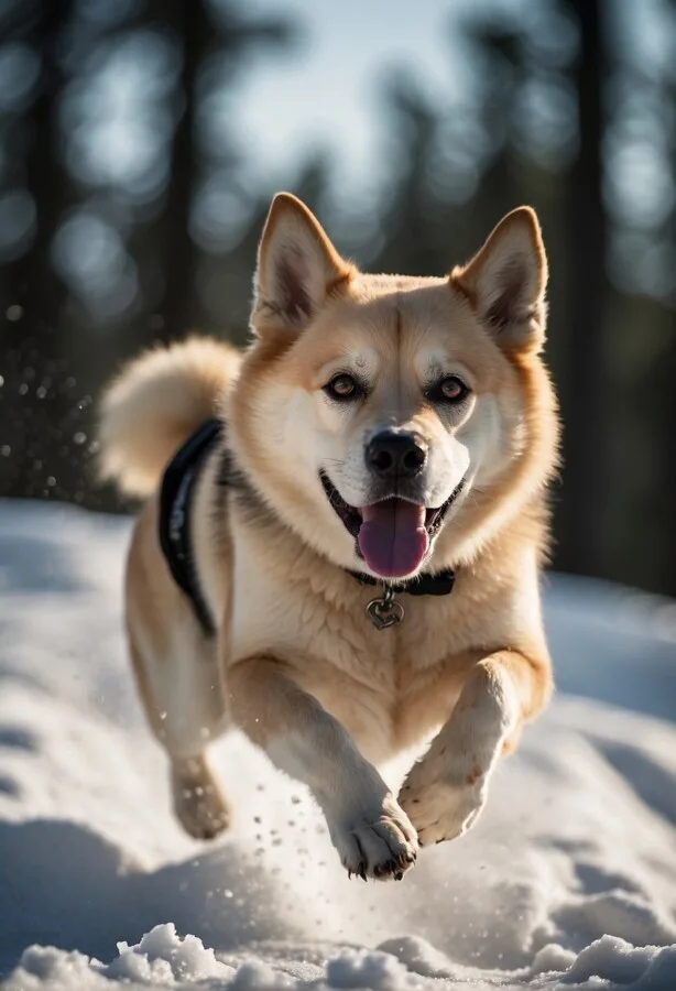 Norwegian Buhund excitedly running in the snow