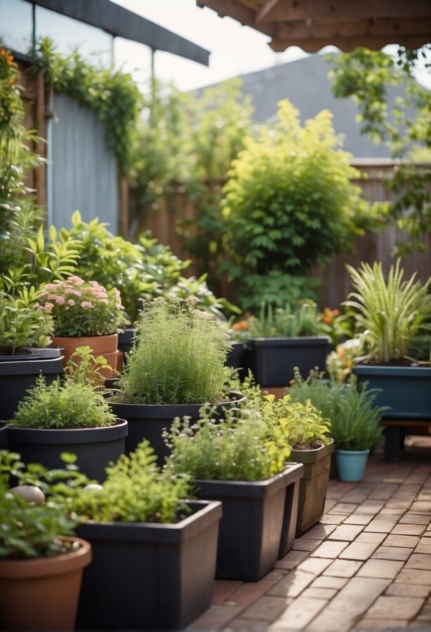 45 Sustainable Garden Ideas for an Eco-Friendly Outdoor Space 17 Mixed potted herbs and ornamental plants on a brick patio