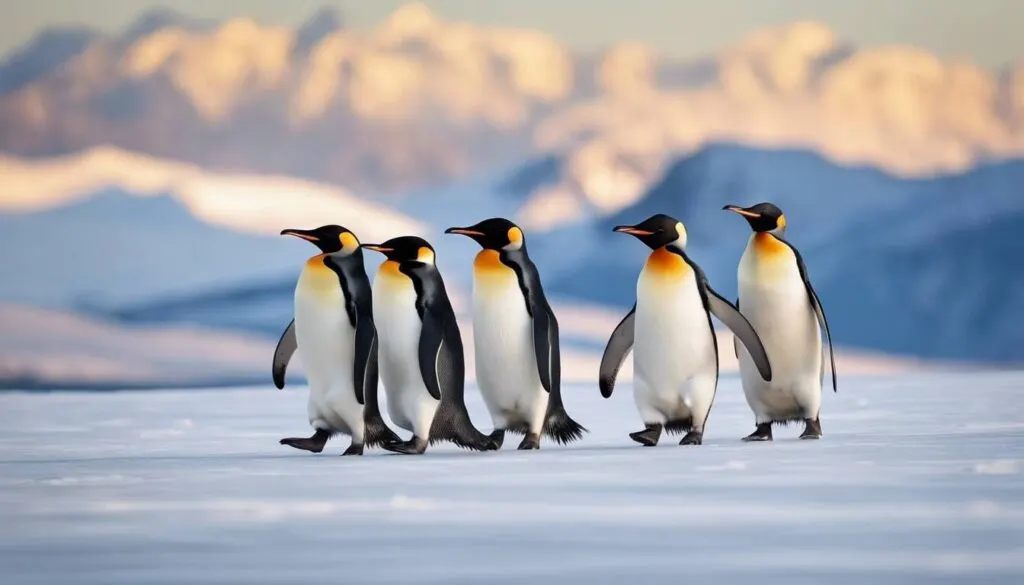 Penguins Five penguins in winter