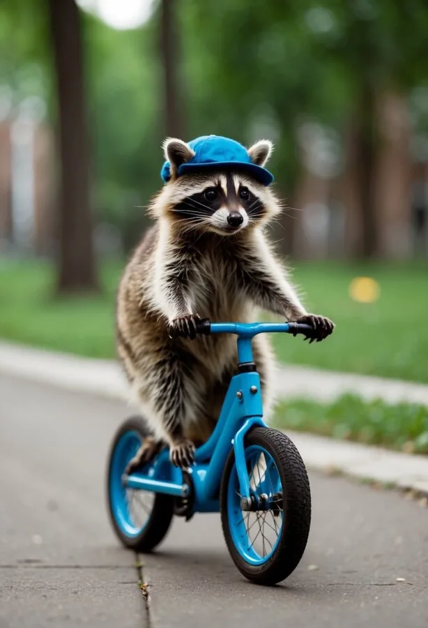 Raccoon with hat on a bike 