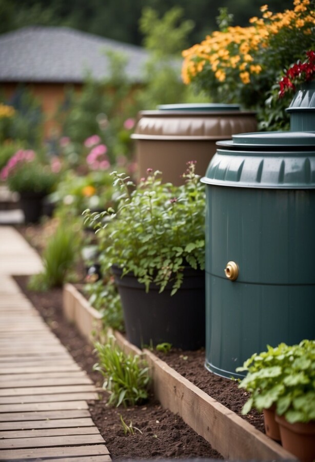 45 Sustainable Garden Ideas for an Eco-Friendly Outdoor Space 12 Covered rain barrels beside a garden bed and wooden path