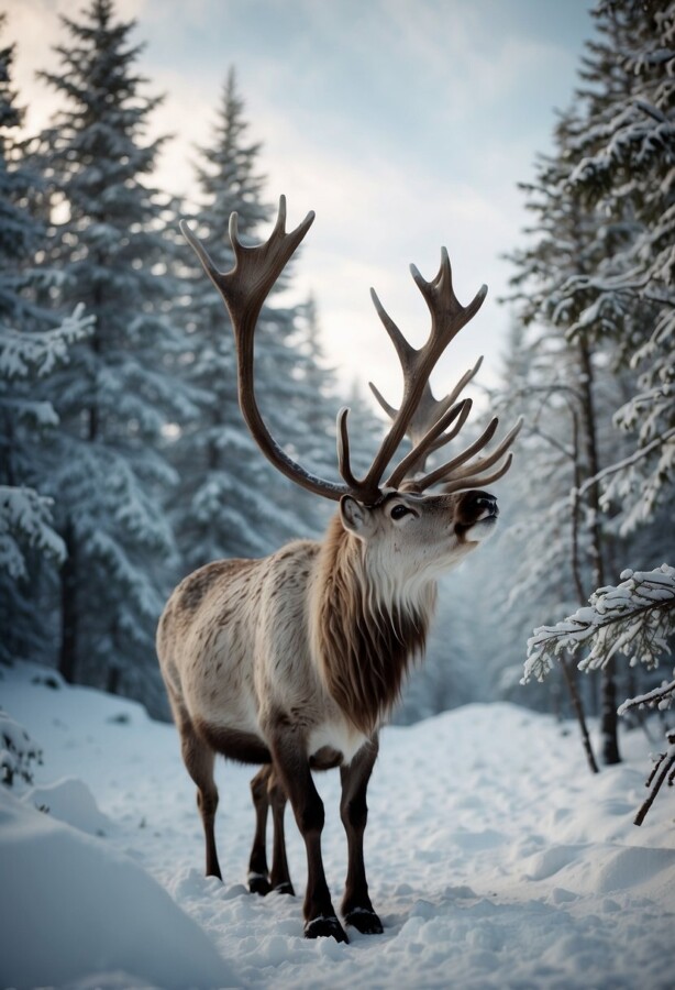 A lone reindeer in the mountains during winter