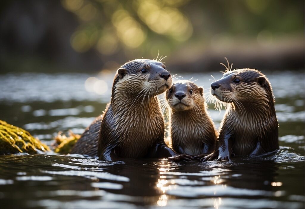 Three cute river otters all wet