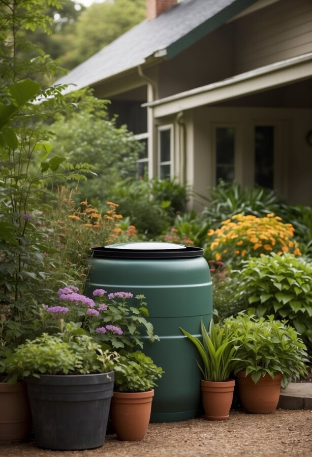 45 Sustainable Garden Ideas for an Eco-Friendly Outdoor Space 5 Green rain barrel surrounded by potted plants in a shaded garden