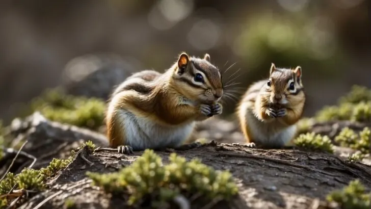 Small chipmunks eating while standing on a tree branch