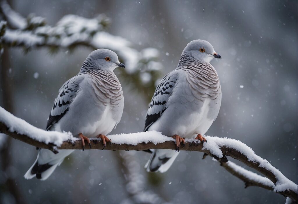 Two Snow Pigeons perched on a branch