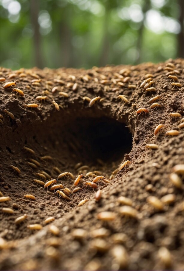 Termites swarm a hole in the ground