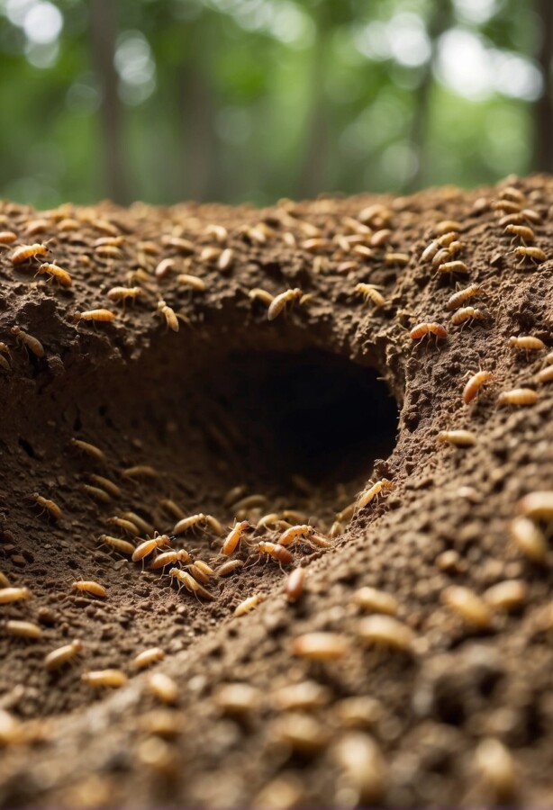 Termites gathered at the entrance to an underground nest