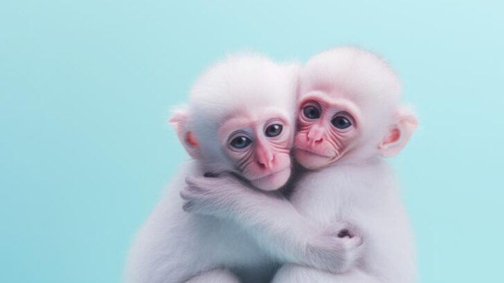 Two albino white monkeys that is rarely found in the wild hug each other