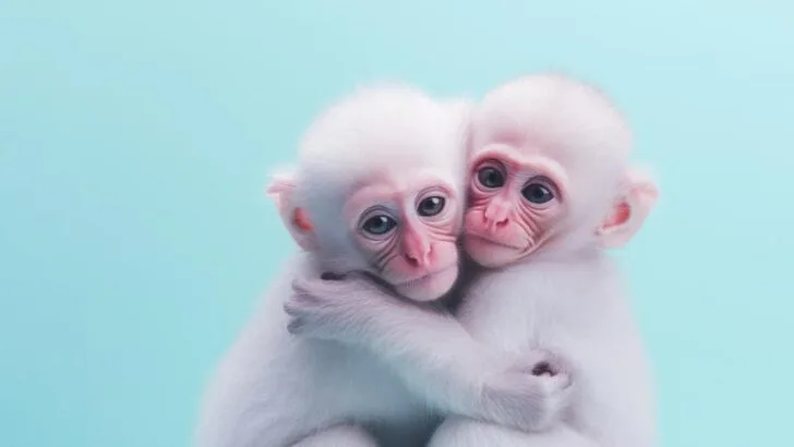 Two albino white monkeys that is rarely found in the wild hug each other