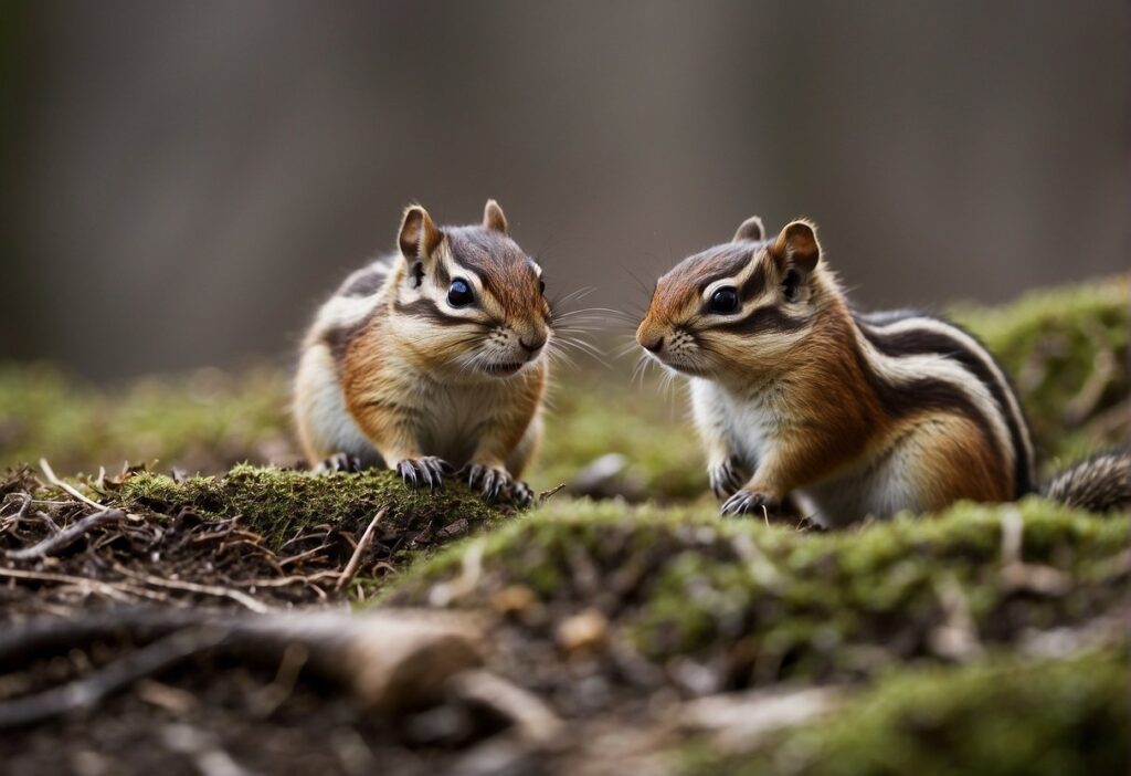 Two chipmunks chattering on the ground