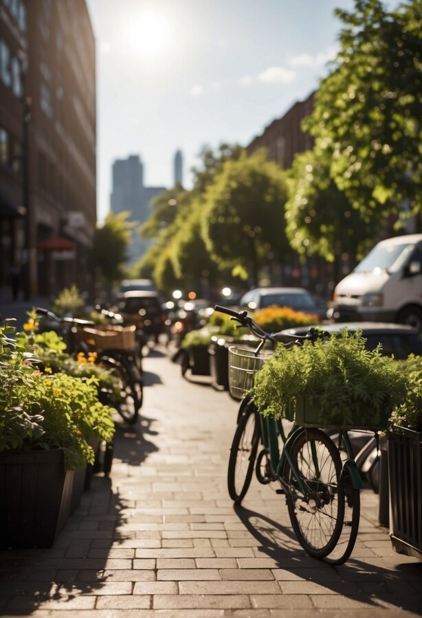 45 Sustainable Garden Ideas for an Eco-Friendly Outdoor Space 27 Bicycle beside sidewalk planters on a sunny city street