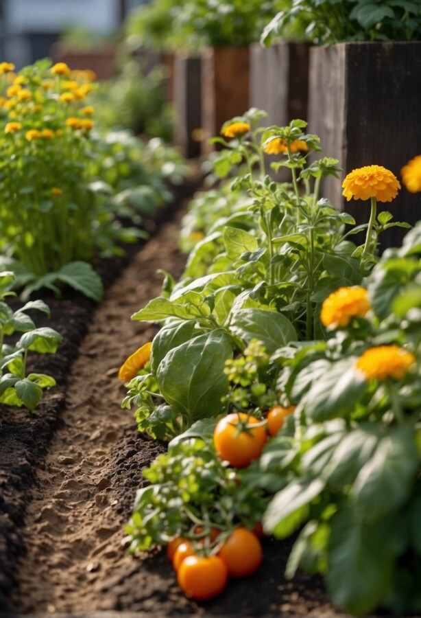 45 Sustainable Garden Ideas for an Eco-Friendly Outdoor Space 22 Tomatoes and orange flowers growing together in a vegetable row
