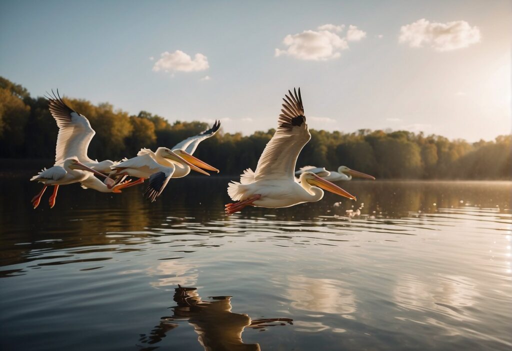 White pelicans in flight