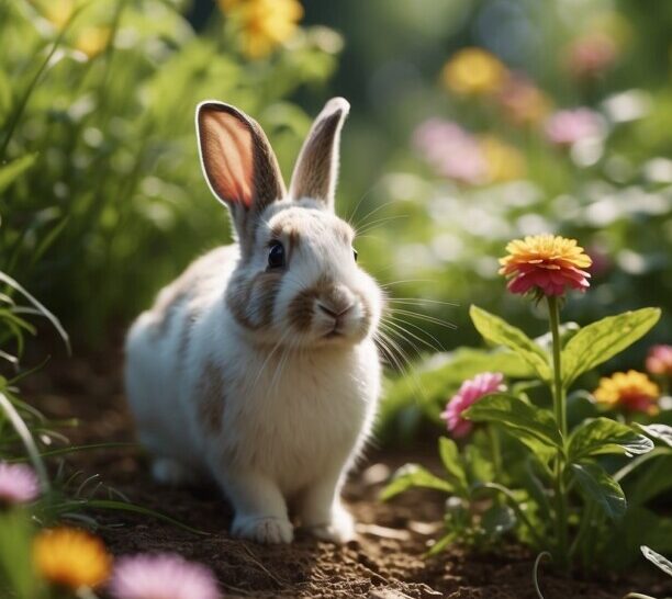 White rabbit in a garden with flowers