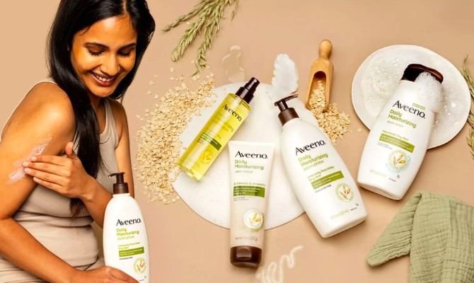 Is Aveeno Cruelty-Free? Its Animal Testing Policy Explained 5 Woman applying Aveeno Daily Moisturizing Lotion beside several Aveeno bottles