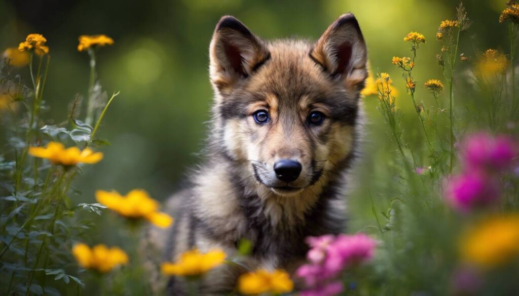Young wolf among flowers