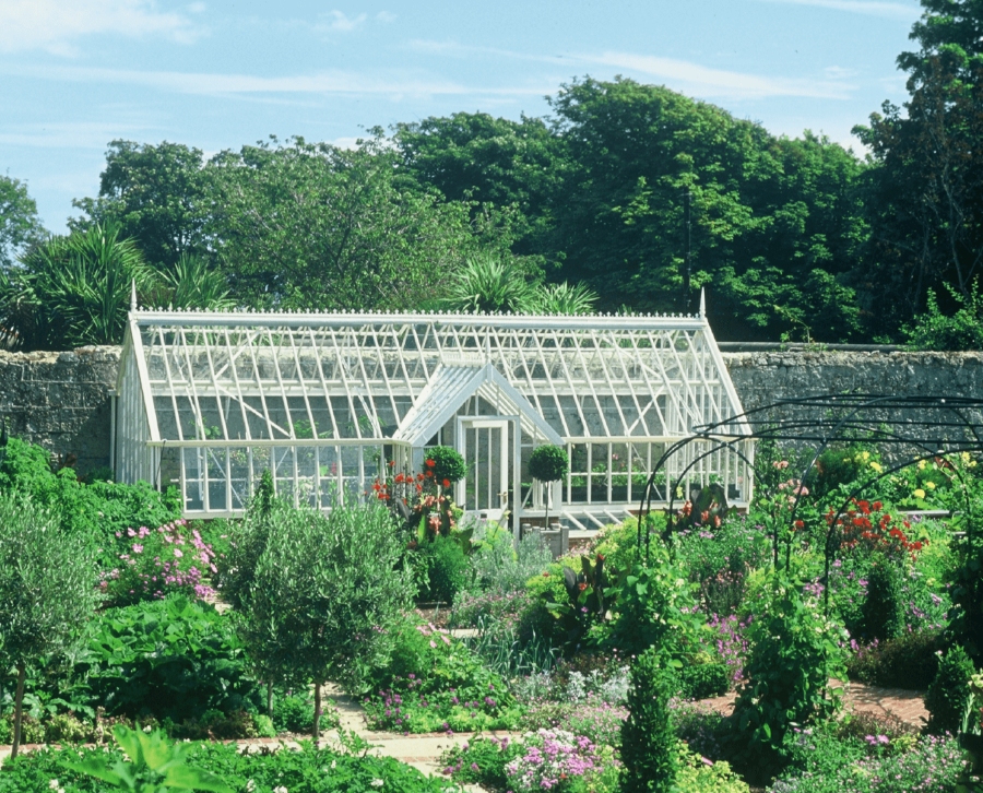 16 Best Lean-To Greenhouses for Small Yards & Side Walls 8 Custom-designed lean-to greenhouse showcasing an array of plants and flowers, surrounded by a lush garden.