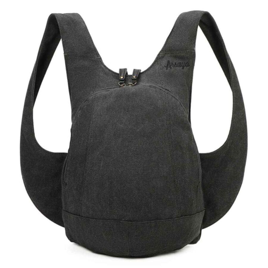 25 Best Vegan Backpacks for Work & Travel (2026) 27 Black Arsayo summer canvas backpack featuring a front zipper for easy access and storage.