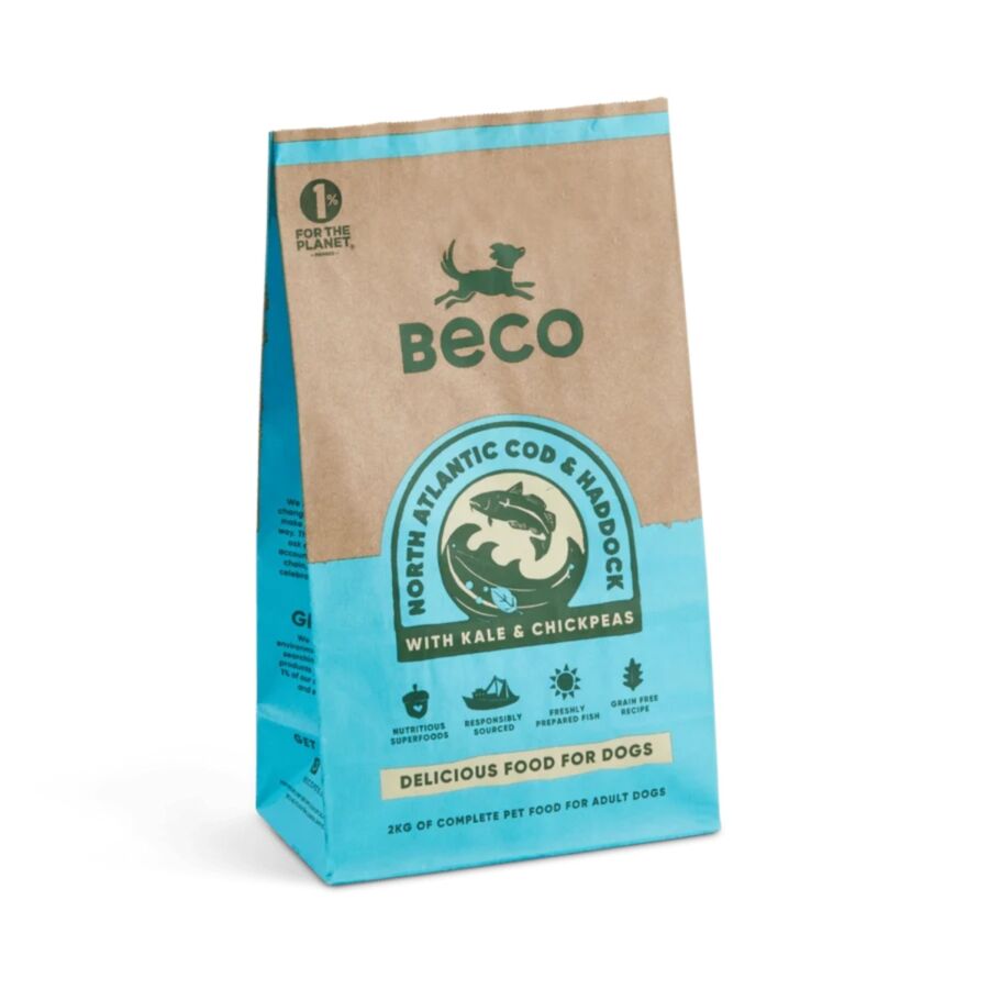 BECO Cod and Haddock dog food bag displayed against a white background, showcasing its packaging design and branding.
