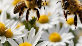 Bees pollinating vibrant flowers in a serene field.