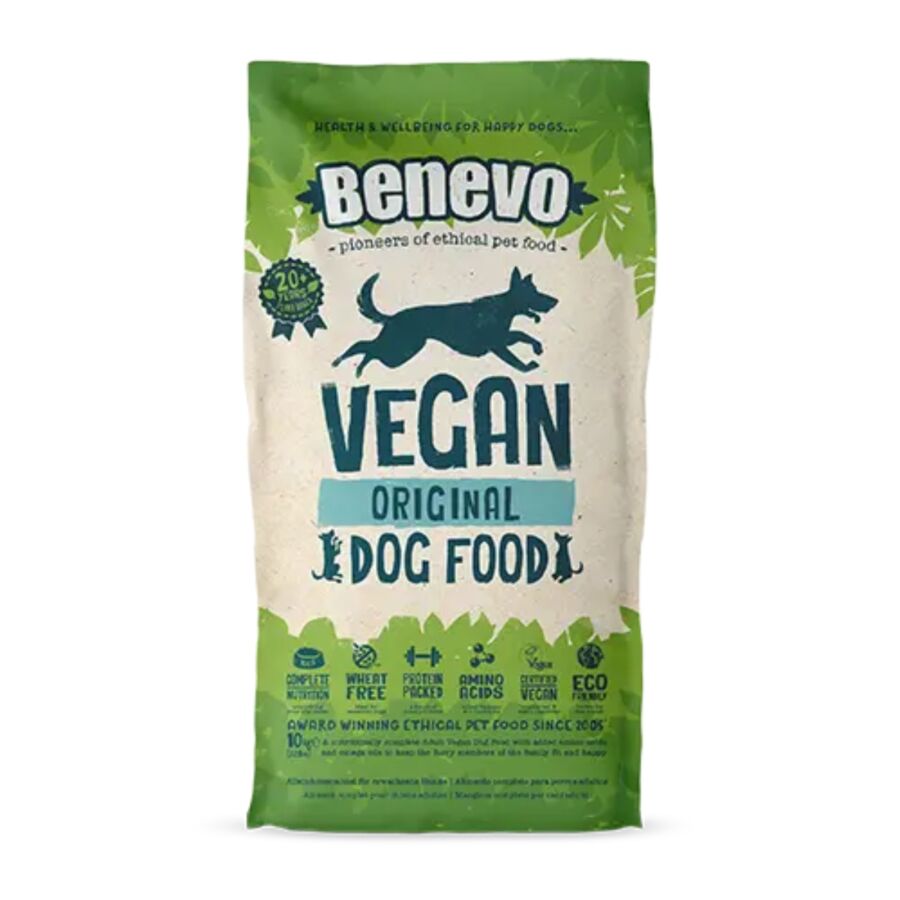 Bag of Benovo vegan dog food featuring a colorful design and clear labeling of its plant-based ingredients.
