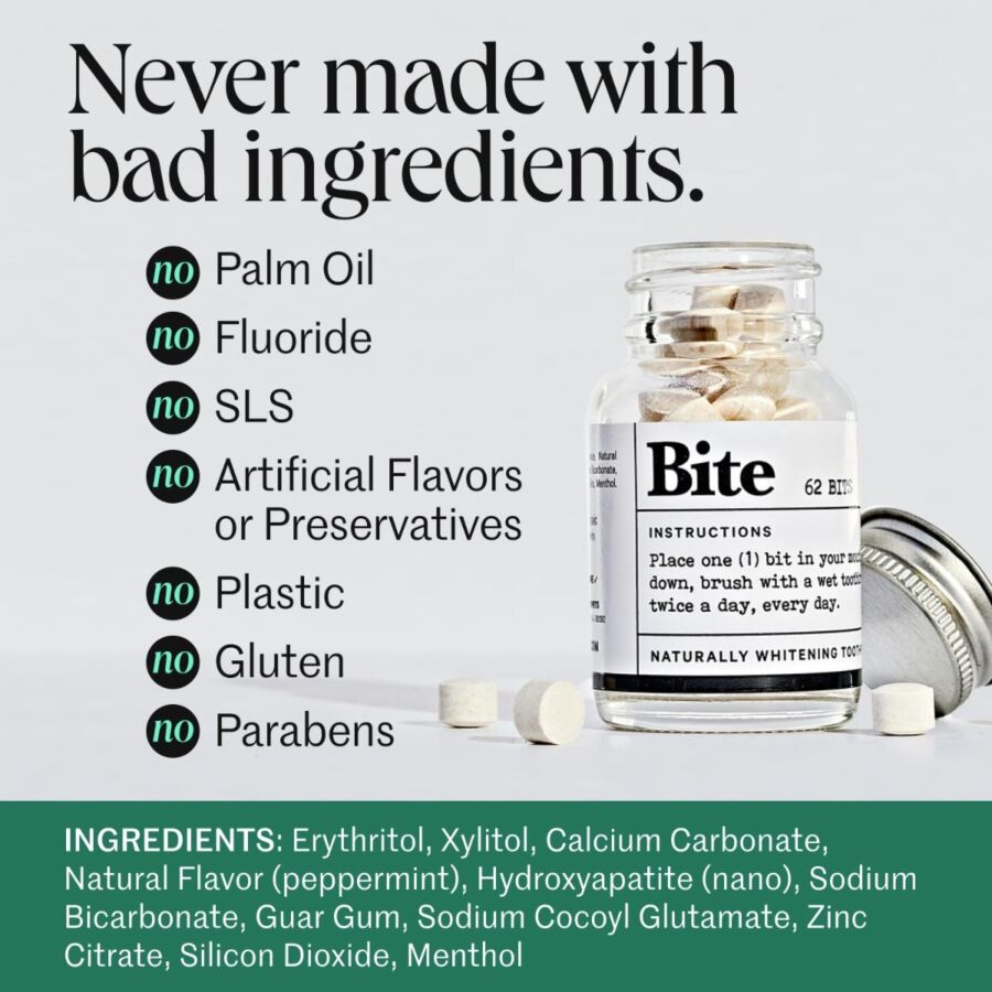 Bite Toothpaste Bits featuring natural ingredients and fluoride for effective dental care in eco-friendly packaging.
