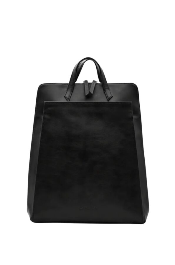 25 Best Vegan Backpacks for Work & Travel (2026) 11 Black leather Canussa Urban Laptop Backpack displayed on a white background, showcasing its sleek design and professional appeal.
