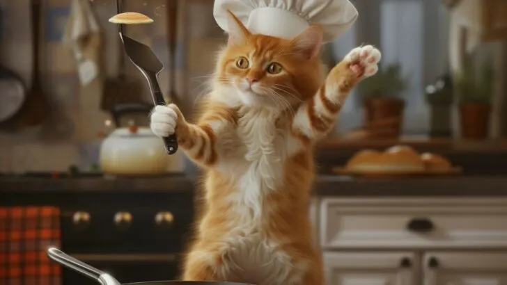 Cat Flipping a Pancake with a Chef Hat On
