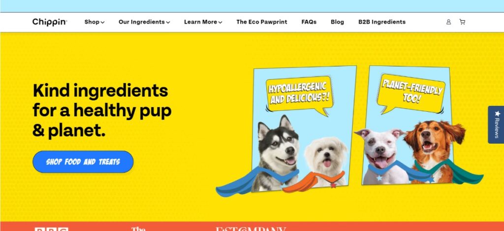 The Chippin website for dog food is visible on a computer monitor, showcasing various products and their details.
