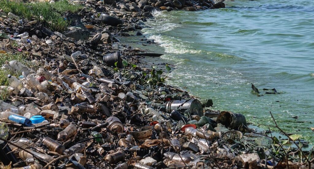 4 Types of Water Pollution: Sources, Effects, and Examples 19 Polluted lake filled with plastic debris, highlighting the environmental impact of waste on aquatic ecosystems.