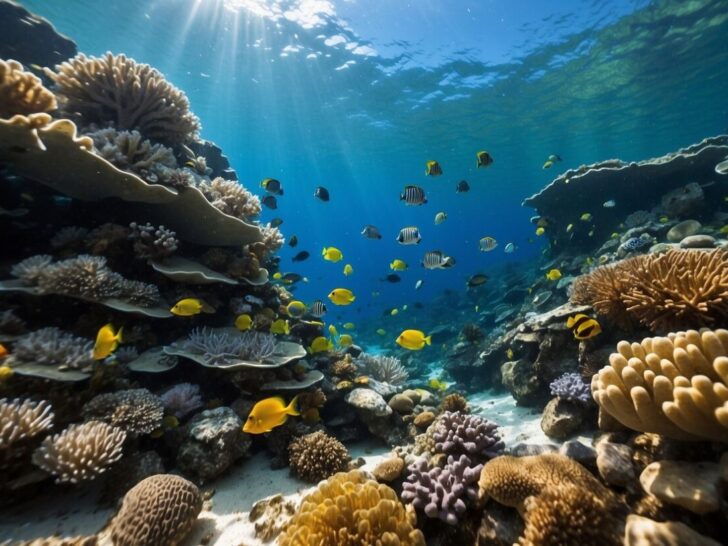 A vibrant coral reef teeming with diverse marine life