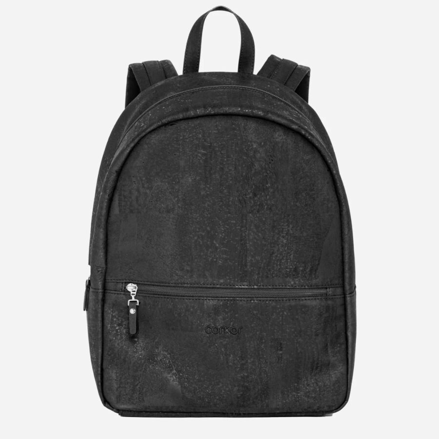25 Best Vegan Backpacks for Work & Travel (2026) 8 Black cork backpack designed for all genders, showcasing a zipper pocket for added convenience.