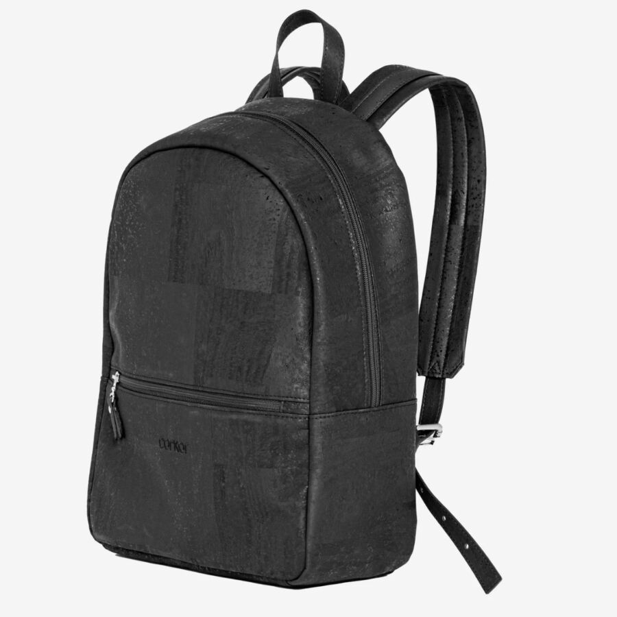 25 Best Vegan Backpacks for Work & Travel (2026) 4 Black cork backpack designed for unisex use, showcasing a convenient front zipper for storage.