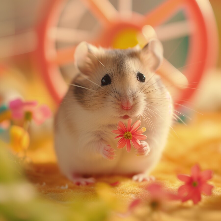 Closeup of a Baby Hamster Holding a Flower