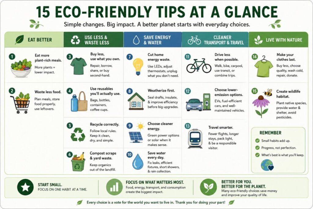 Infographic of 15 eco-friendly tips across food, waste, energy, transport, and nature