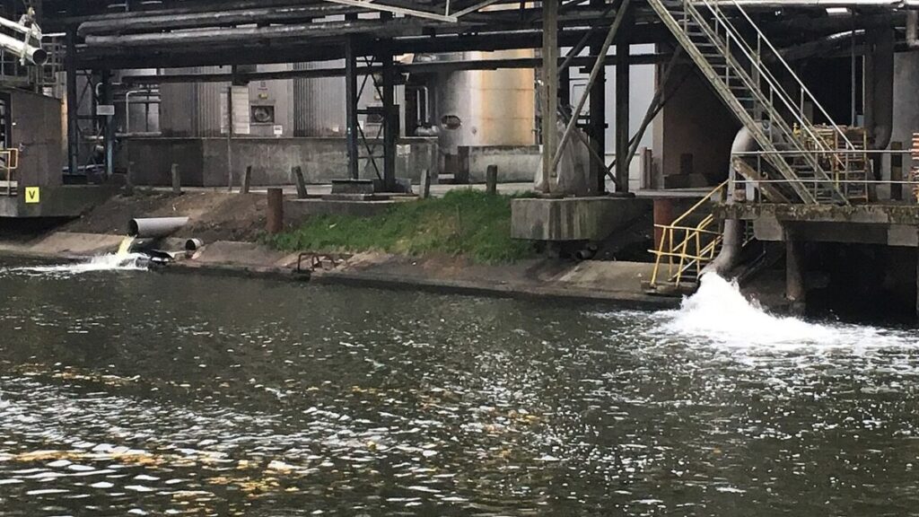 4 Types of Water Pollution: Sources, Effects, and Examples 8 Water treatment facility depicted in the background, emphasizing the impact of industrial pollution on local water sources.