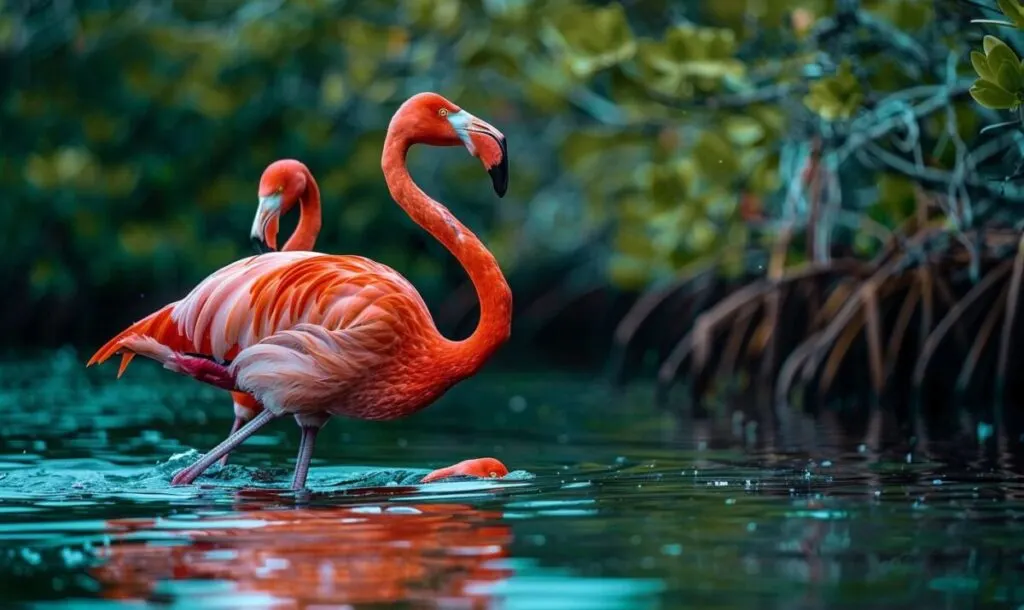Andean Flamingo: Why is it Endangered? 2 Two vibrant flamingos wading in serene waters at sunset.