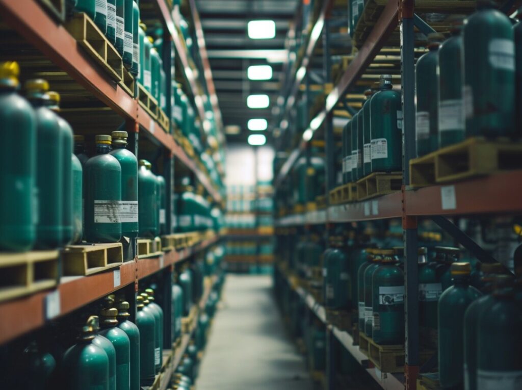 Is R410A Bad for the Environment? 5 Gas Tanks on Shelves in a Warehouse