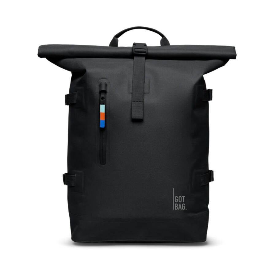 25 Best Vegan Backpacks for Work & Travel (2026) 29 Black GOT BAG Rolltop 2.0 backpack featuring a blue and orange stripe design.